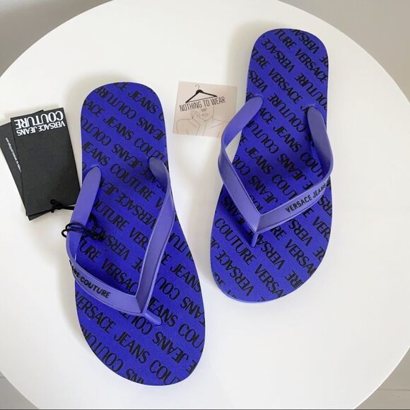 ⭕️ VERSACE JEANS Flip Flops Slides Slippers Logo Men’s Blue Black 10 43 - Picture 1 of 7